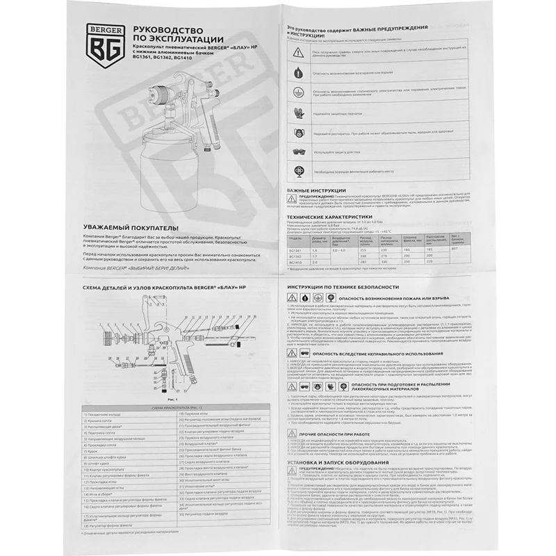 Краскопульт пневматический Berger BG1362 БЛАУ HP 17 мм нижний бачок