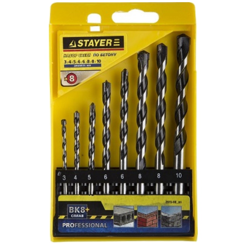 Набор Stayer "PROFESSIONAL" 2915-H8_z01: свёрла по бетону, ударные, 3, 4, 5, 6, 6, 8, 8,10 мм, 8 штук в Кинешме