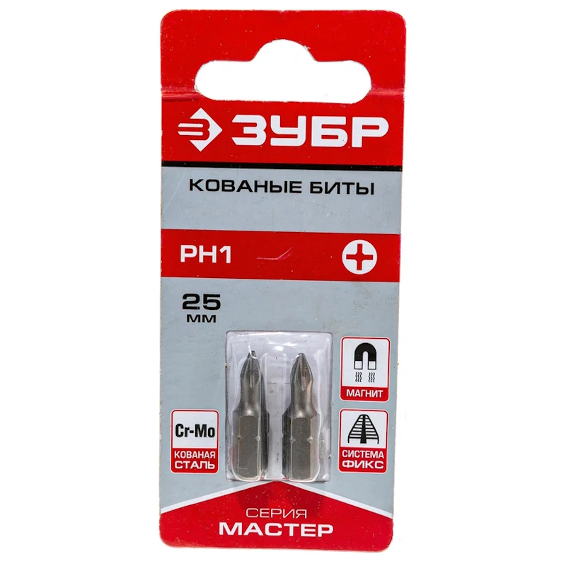 Биты Зубр "МАСТЕР" 26001-1-25-2, кованые, хромомолибденовая сталь, тип хвостовика C 1/4", PH1, 25мм, 2шт  в Кинешме