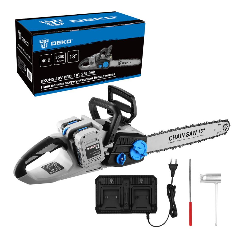 Пила цепная Deko DKCHS 40V PRO 080-2000, аккумуляторная, бесщеточная, 18", 2х20В, 2x5.0Ач, двойное зарядное устройство в Коврове