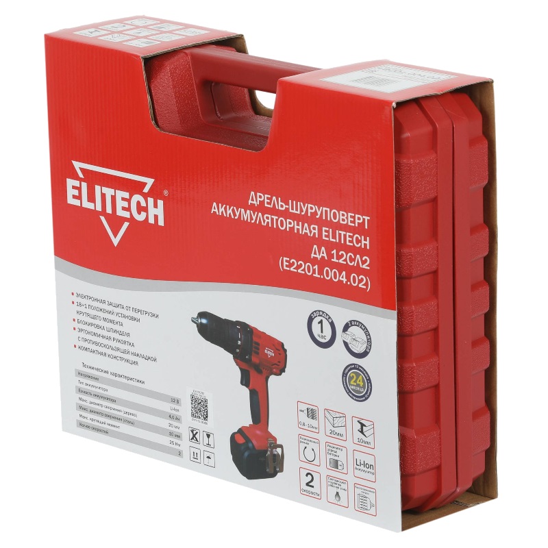 Дрель аккумуляторная Elitech ДА 12СЛ2 Е2201.004.02 191612, 12В, 2х4.0Ач в Муроме