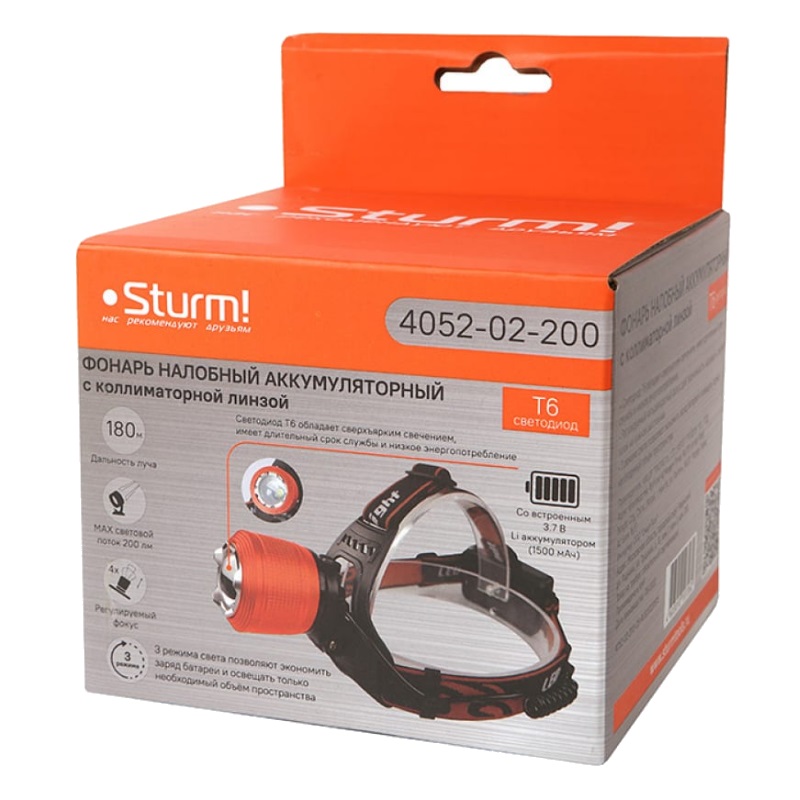 Налобный аккумуляторный фонарь Sturm 4052-02-200 T6 светодиод, 3 режима в Муроме