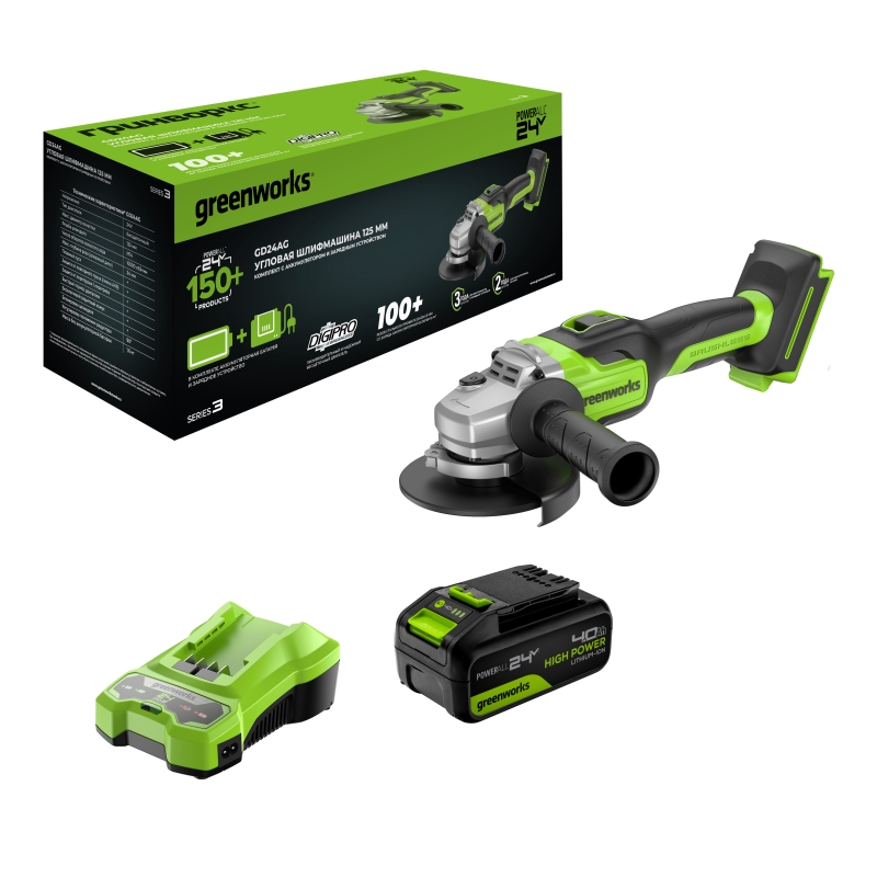 Угловая шлифовальная машина аккумуляторная Greenworks GD24AG 3200207CUB, 24V, б/щет, 125 мм, 10500 об/мин, 1x4Ач, ЗУ, коробка в Череповце