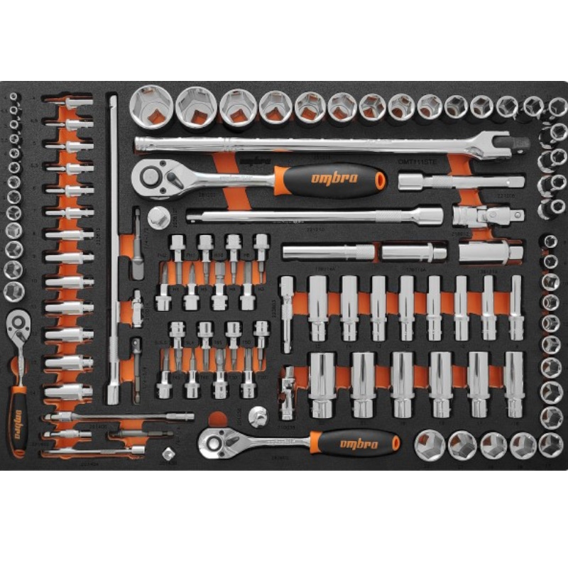 Набор головок торцевых Ombra OMT111STE 56128, 1/4"DR (4-14 мм), 3/8"DR (8-22 мм), 1/2"DR (8-32 мм), с аксессуарами в EVA ложементе 560x375 мм, 111 предметов в Угличе