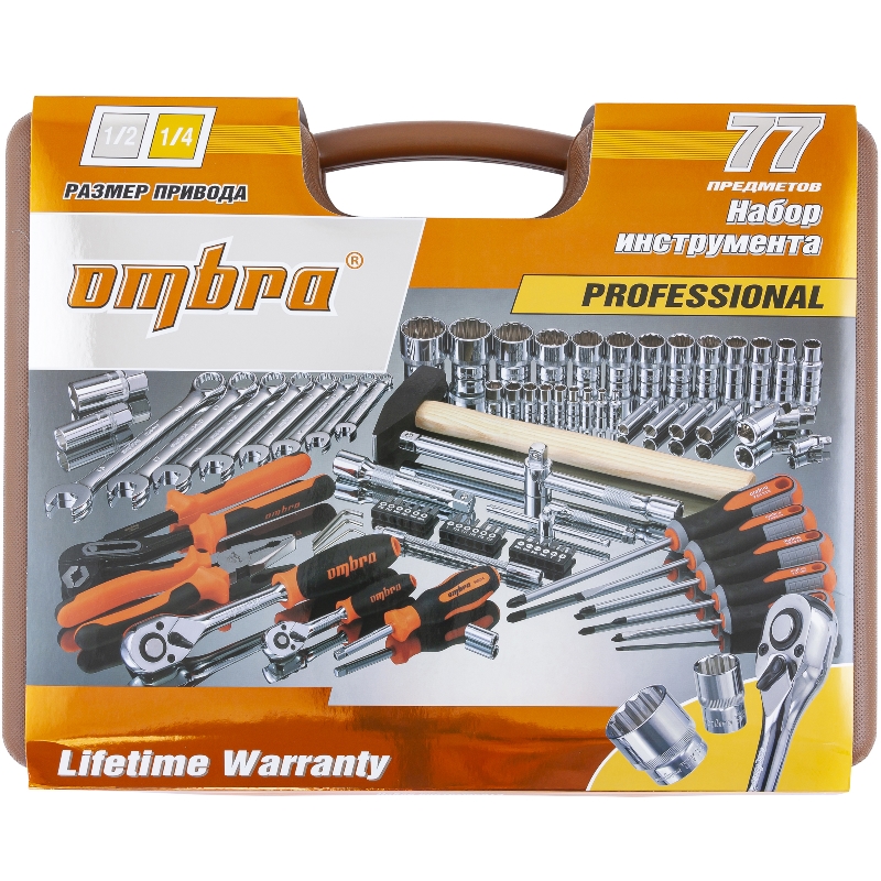 Набор инструмента универсальный Ombra OMT77S12, 1/4", 1/2"DR с головками торцевыми 12-гранными, 77 предметов в Муроме