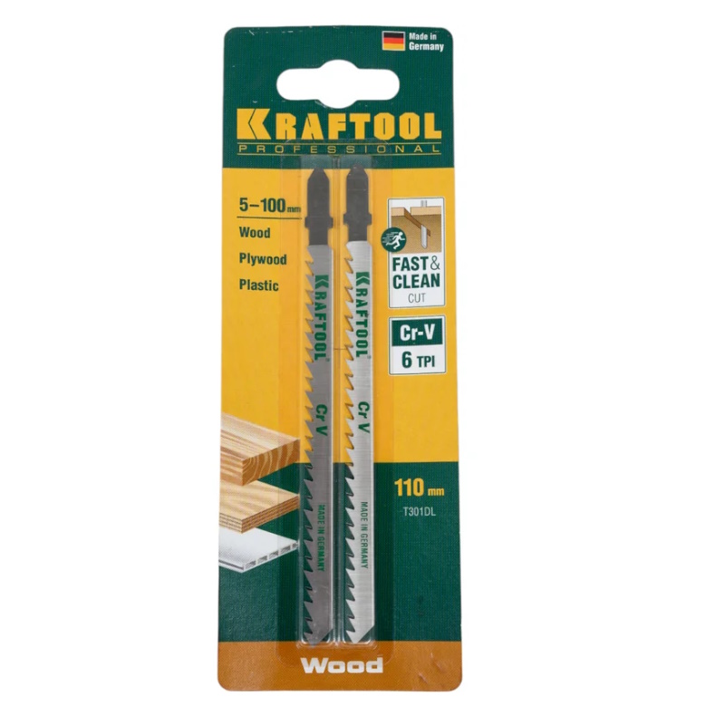Полотна Kraftool 159512-4, T301CD, для эл/лобзика, Cr-V, по дереву, ДСП, ДВП, чистый рез, EU-хвост., шаг 4 мм, 110 мм, 2 шт в Череповце