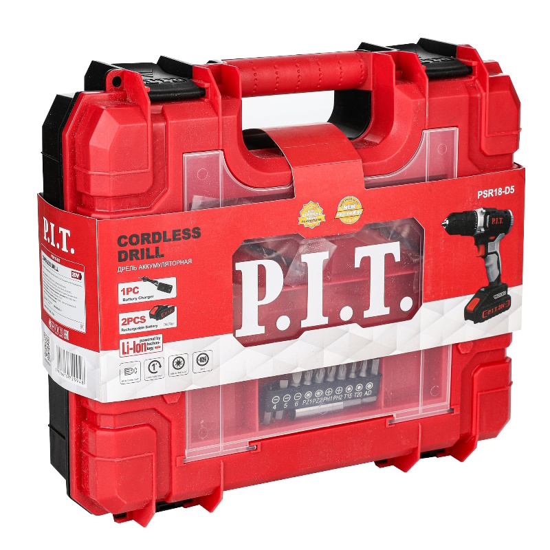 Дрель аккумуляторная P.I.T. PSR18-D5, 20В, 30Нм, 0-350/1350, БЗП 10мм, 2 АКБ 1,5Ач, ЗУ, кейс в Кинешме