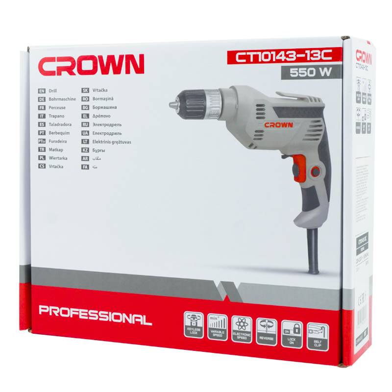 Безударная дрель Crown CT10143-13C (мощность инструмента 550 Вт, 2800 оборотов, вес 1.42 кг)