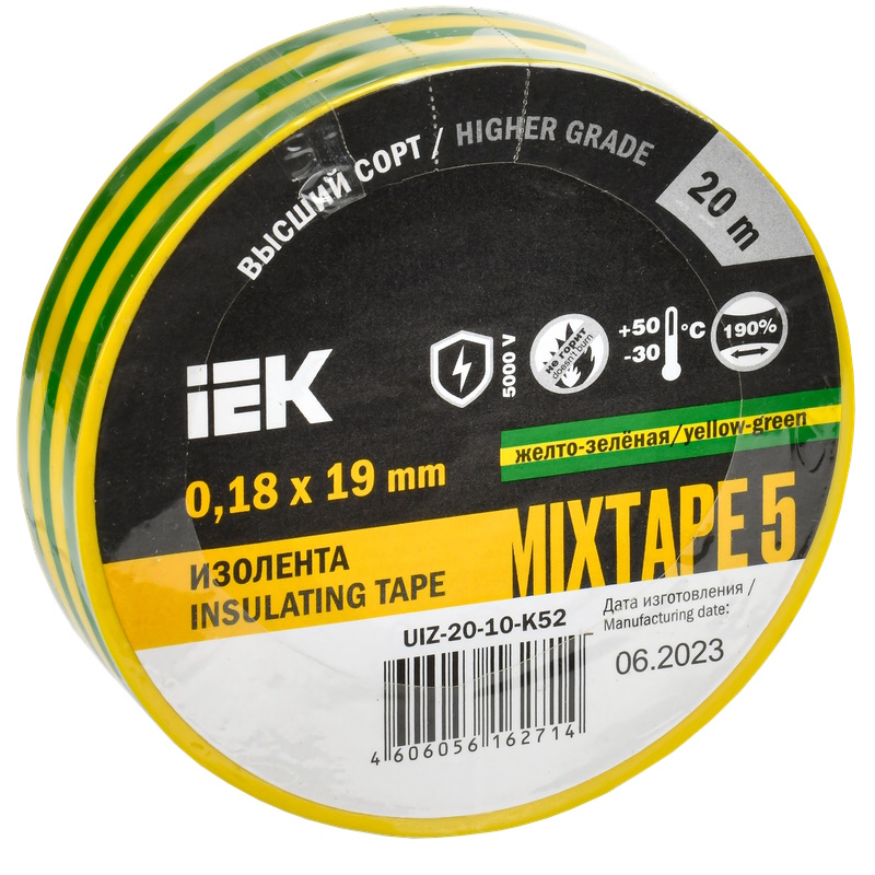 Изолента IEK MIXTAPE 5 UIZ-20-10-K52, 0,18х19мм, желто-зеленая, 20м в Коврове