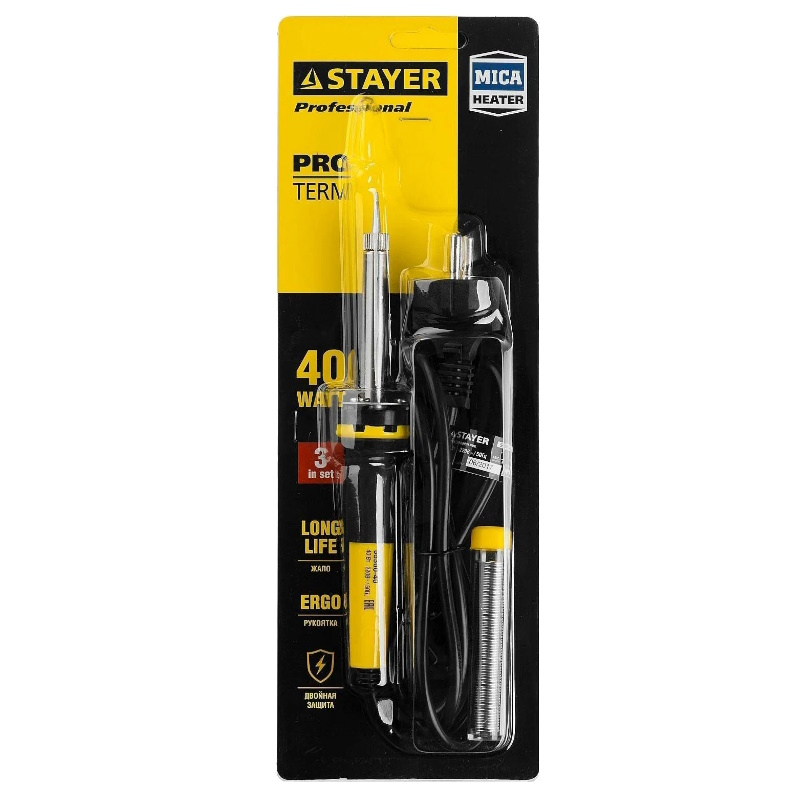 Паяльник Stayer Professional 55300-40, PROTerm с двухкомпонентной рукояткой, в комплекте с припоем и подставкой, жало - конус, 40 Вт   в Угличе