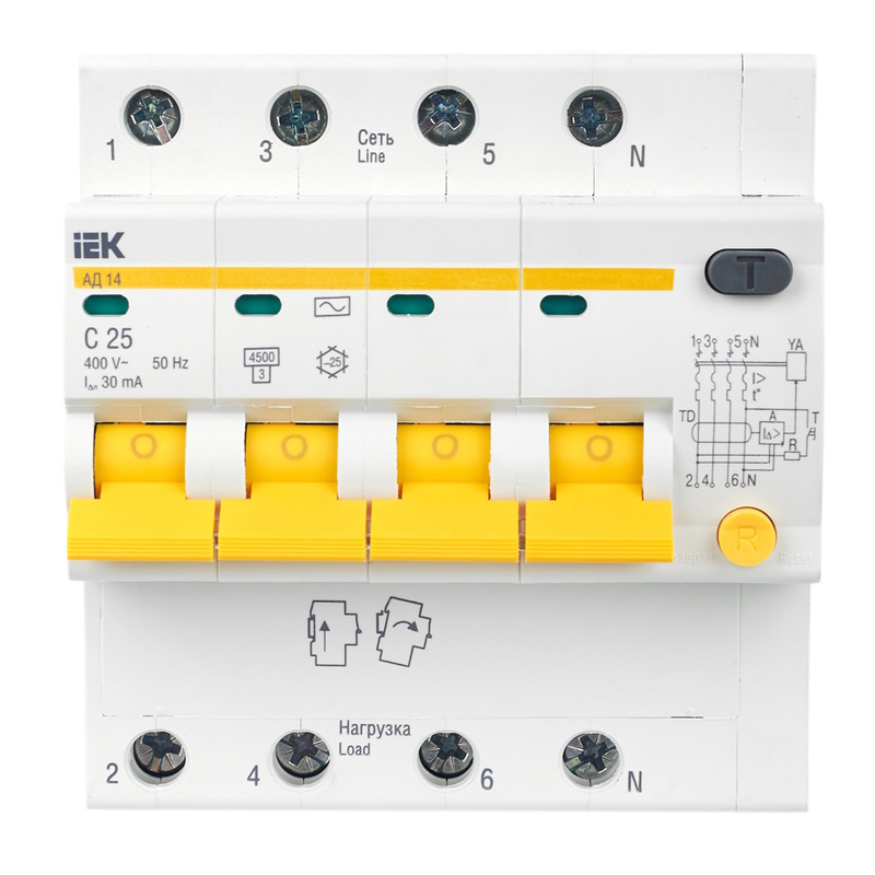 Дифференциальный автомат IEK KARAT АД14 4P MAD10-4-025-C-030, 25А, 30мА, тип AC