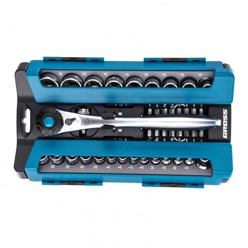Набор торцевых головок Gross 14143, трещотка 120 зубьев, 1/2", 1/4", CrV, 41 предмет