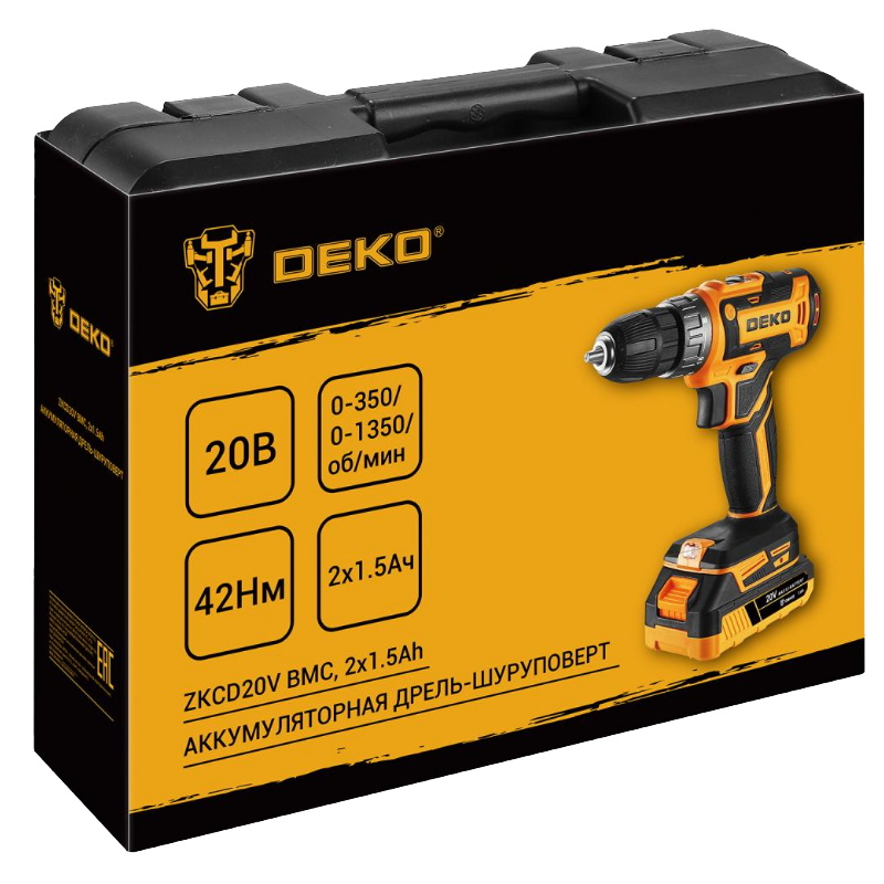 Аккумуляторная дрель-шуруповерт Deko ZKCD20V 084-1007. в кейсе, 20В, 2х1.5Ач в Угличе