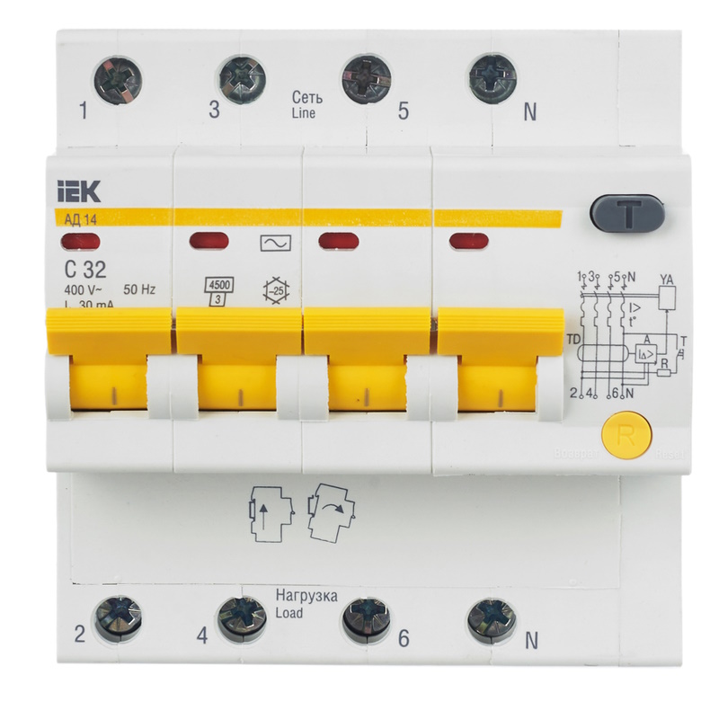Дифференциальный автомат IEK KARAT АД14 4P MAD10-4-032-C-030, 32А, 30мА, тип AC в Туле