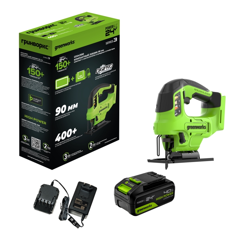 Лобзик аккумуляторный Greenworks GD24JS90 24V 3601707CUB, б/щет, 90 мм,0-3000/мин,4 ст.маятник,LED,1х4Ач,ЗУ,кор в Иваново