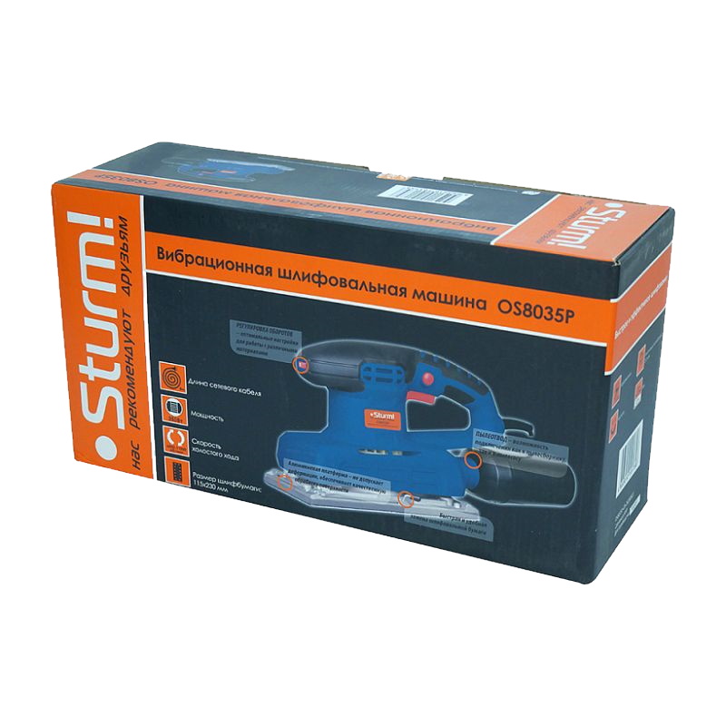 Вибрационная шлифмашина Sturm PROFI OS8035P 350 Вт 115х230мм регулятор скорости кабель 4 м