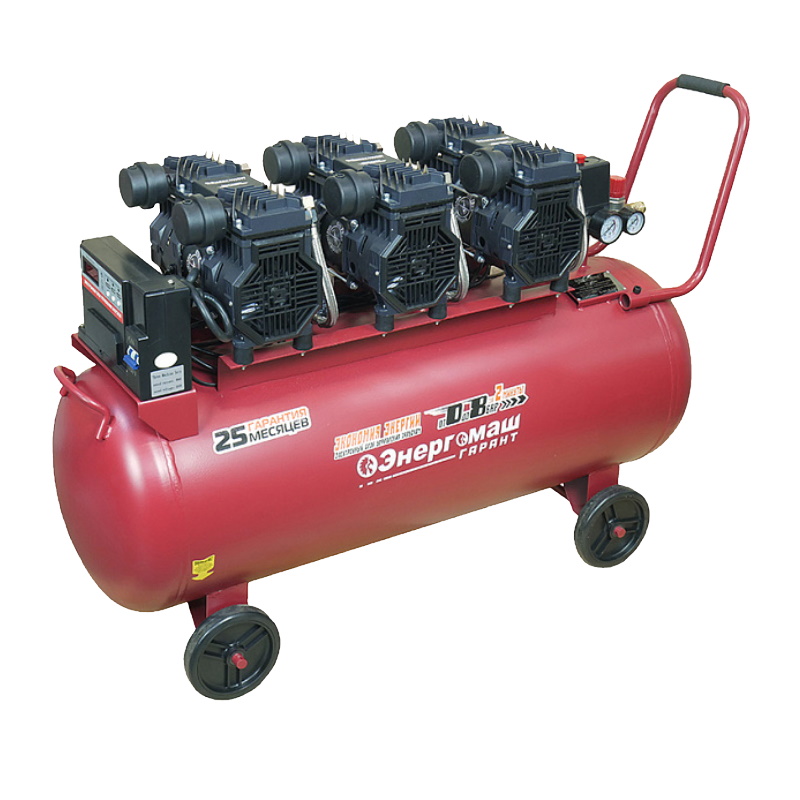 Компрессор безмасляный Энергомаш ГАРАНТ ВК1-100БМБ 3х1500 Вт 720 лм ресивер 100л бесшумный 65952₽