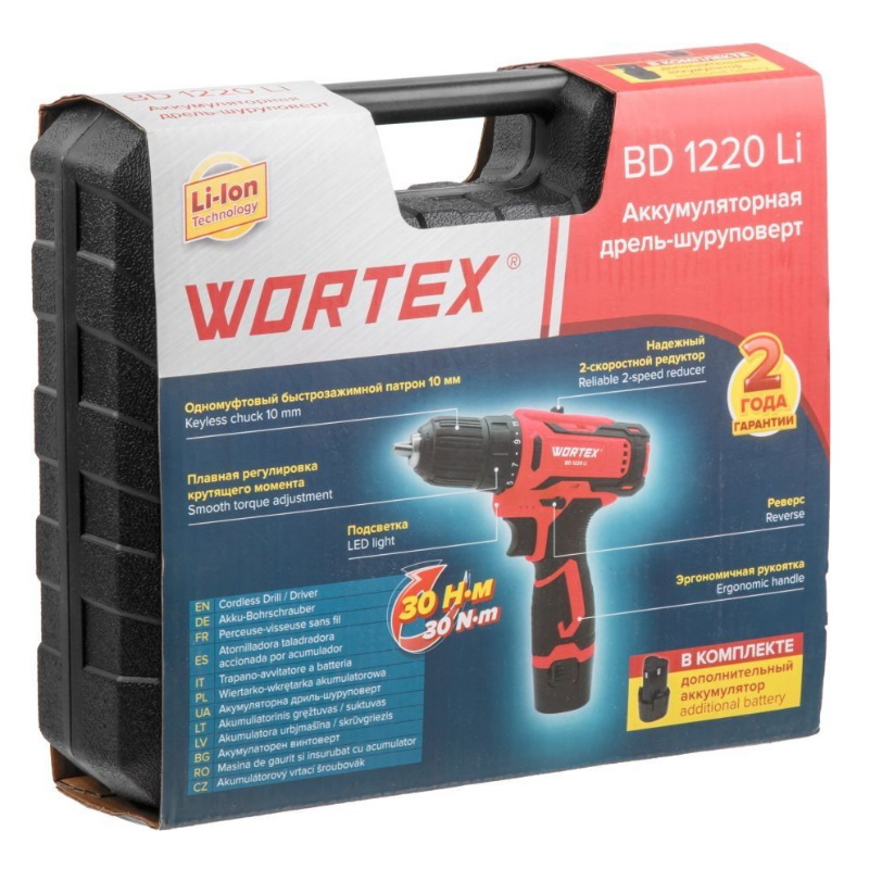 Аккумуляторная дрель-шуруповерт Wortex BD 1220 Li 1329356, в чемодане 12 В, 30 Н*м, 2х1.5 А*ч, БЗП 10 мм в Ярославле