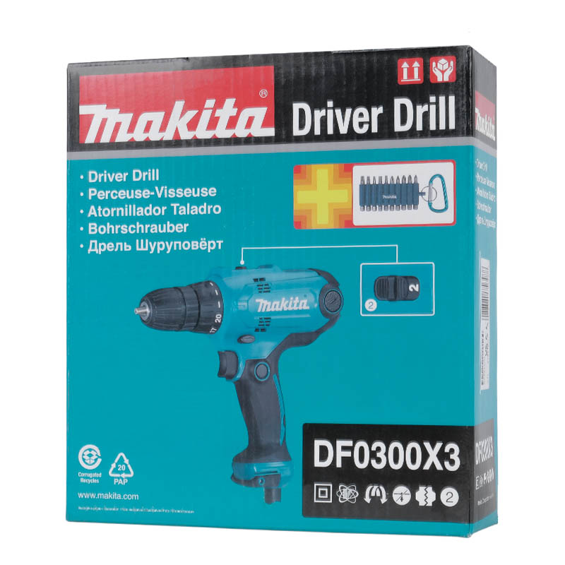 Сетевая дрель-шуруповерт Makita DF0300X3 + набор бит D-65028 10 шт. в Твери