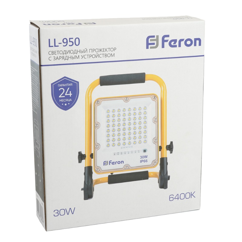 Прожектор светодиодный Feron LL-950 48675 (переносной, с зарядным устройством, 30W,  5Ah, 6400K, IP66) в Костроме