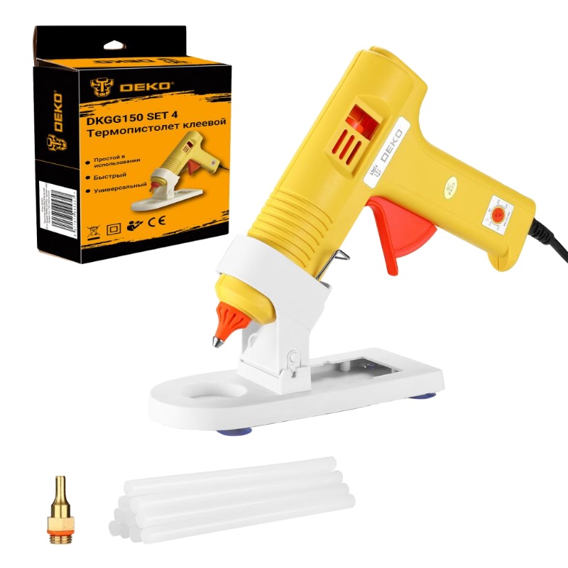 Термопистолет клеевой Deko DKGG150 SET4 063-4974 (150ВТ, с функцией THERMAL CONTROL + подставка + набор стержней)