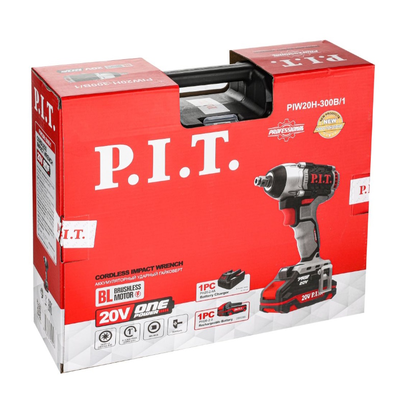 Гайковерт аккумуляторный P.I.T. PIW20H-300B/1, бесщеточный, ударный, 20В, 300Нм, квадрат 1/2" и шестигранный, 2АЧ, ЗУ, кейс в Вологде