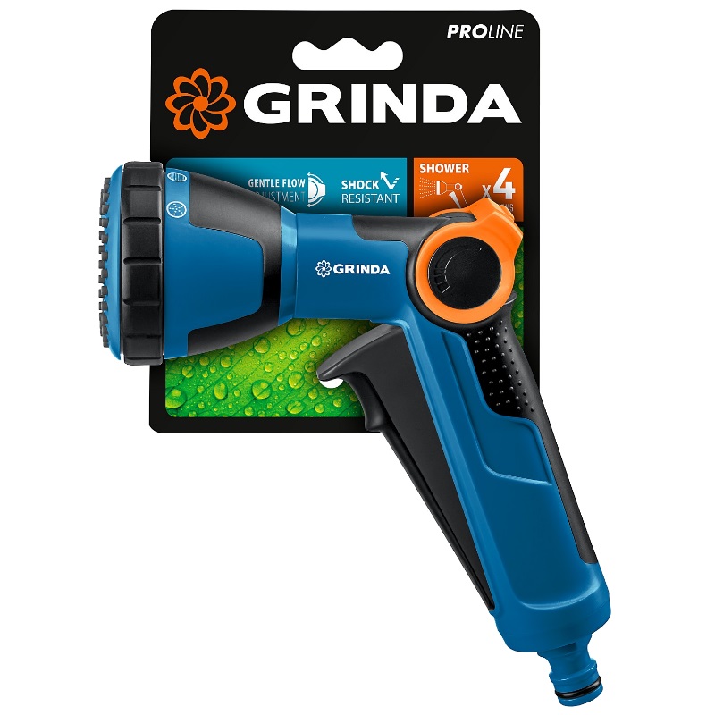 Поливочный пистолет Grinda PROLine X-S 429165, с регулятором напора, душевой, 4 режима, курок спереди, двухкомпонентный в Кинешме
