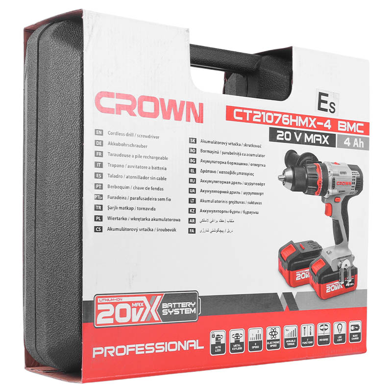 Аккумуляторный шуруповерт Crown CT21076HMX-4 BMC (20В, 4Ач*2, 60Нм)