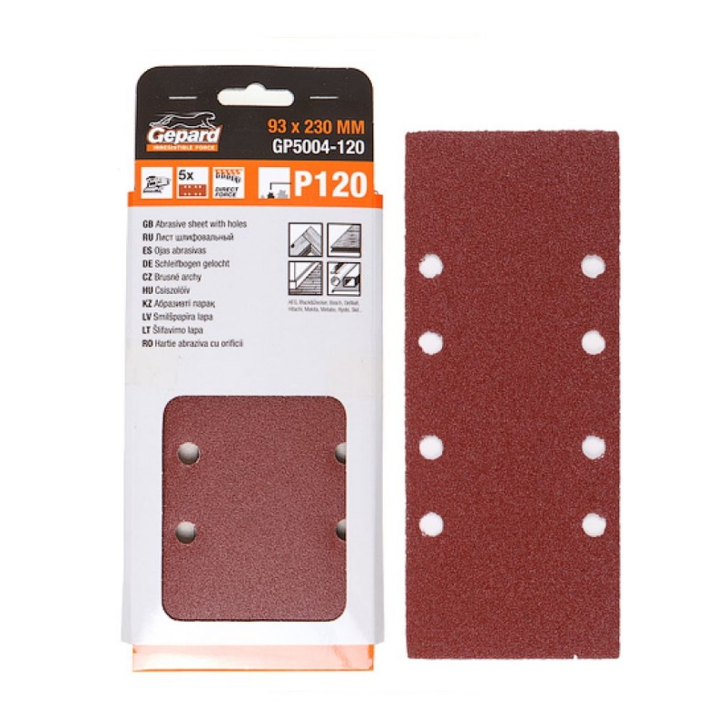 Шлифлист Gepard GP5004-320 93х230мм Р320 ддерева 8 отверстий 5шт 88₽