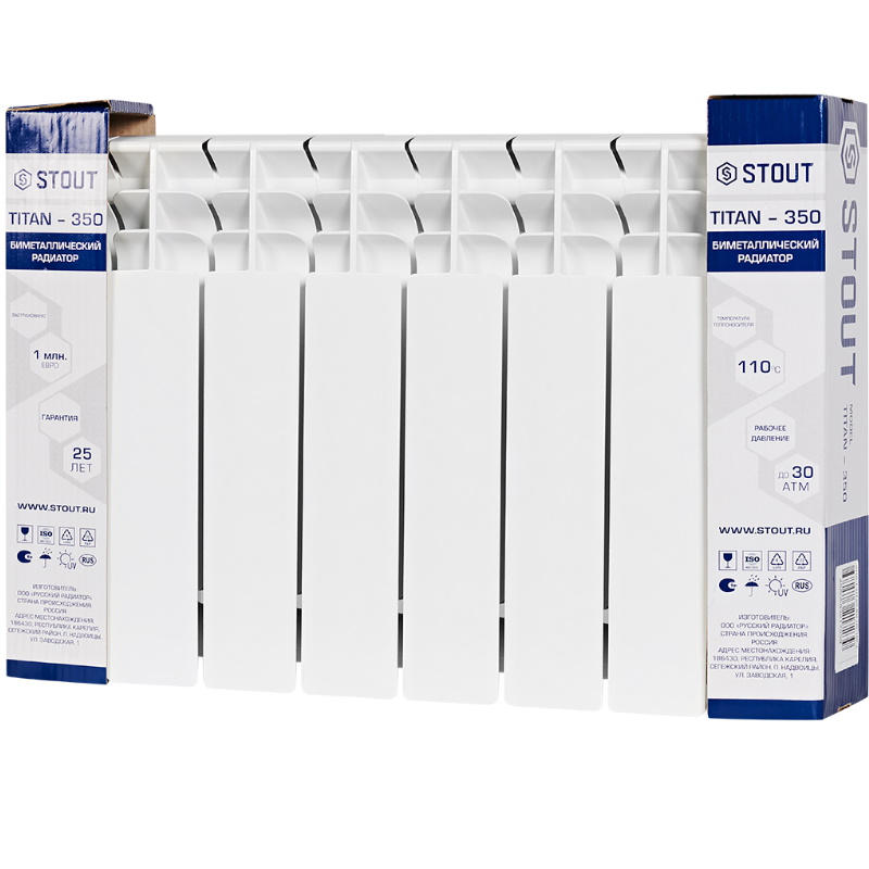 Радиатор Stout TITAN 350 SRB-3310-035007, 7 секций, биметаллический, боковое подключение, белый RAL 9016 во Владимире