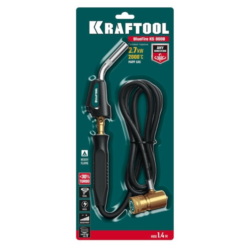 Газовая горелка Kraftool KS-8000 55512, Blue Fire, со шлангом 1.4м, с пьезоподжигом, на баллон, турбо нагрев + 30%, 2000°C в Костроме