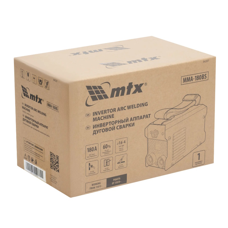 Инверторный аппарат дуговой сварки MTX MMA-180BS 94397, 180 А, ПВ 60%