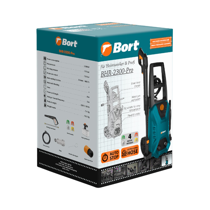 Мойка высокого давления Bort BHR-2300-Pro 93416299, 170 бар, 2,3 кВт, 8 л/мин, автостоп, набор аксессуаров 11 шт, самовсасывание в Муроме