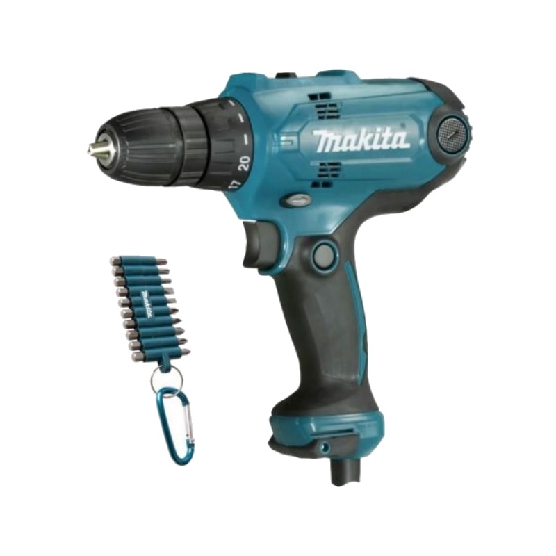 Сетевая дрель-шуруповерт Makita DF0300X3 + набор бит D-65028 10 шт.