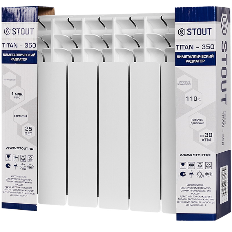 Радиатор Stout TITAN 350 SRB-3310-035006, 6 секций, биметаллический, боковое подключение, белый RAL 9016 в Александрове
