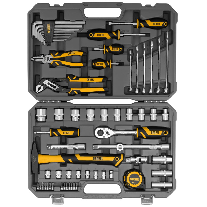 Набор инструментов Denzel 15801, 1/2", 1/4", CrV, S2, пластиковый кейс, 64 предмета в Ярославле