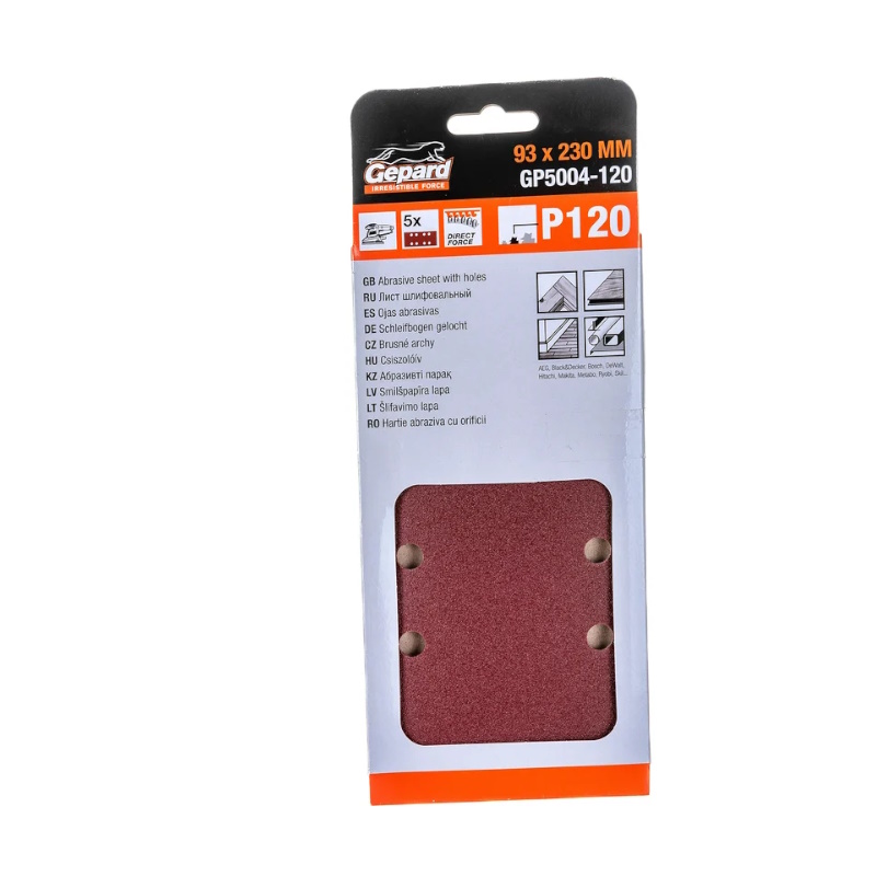 Шлифлист Gepard GP5004-120 93х230мм Р120 для дерева 8 отверстий 5шт 133₽