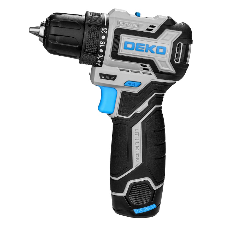 Дрель-шуруповерт Deko Sharker 12V PRO 084-1036, аккумуляторная, бесщеточная, компактная, в кейсе + оснастка, 13 шт, 12В, 2x2.0Ач в Туле