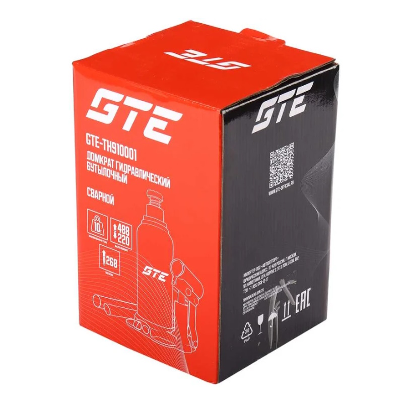 Домкрат гидравлический бутылочный GTE GTE-TH910001, 10т (h min-220 мм, h max-488 мм, ход штока-268 мм, ход винта-115 мм) в Иваново