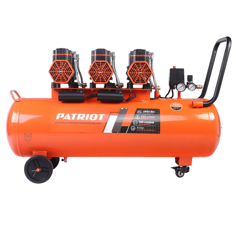 Компрессор поршневой безмасляный Patriot KDS 580 F100 526302499 580 лмин 285 кВт 8 бар 100 л 2800 обмин быстросъем елочка 14