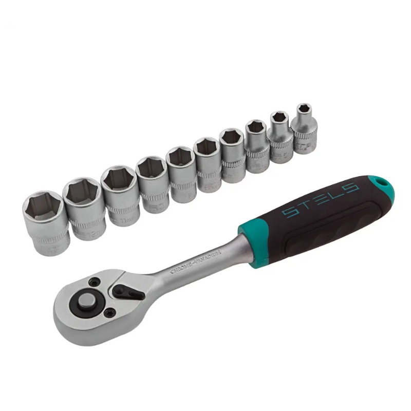 Набор торцевых головок Stels 14125, 1/4", 4-13мм, с трещоточным ключом, CrV, 11шт