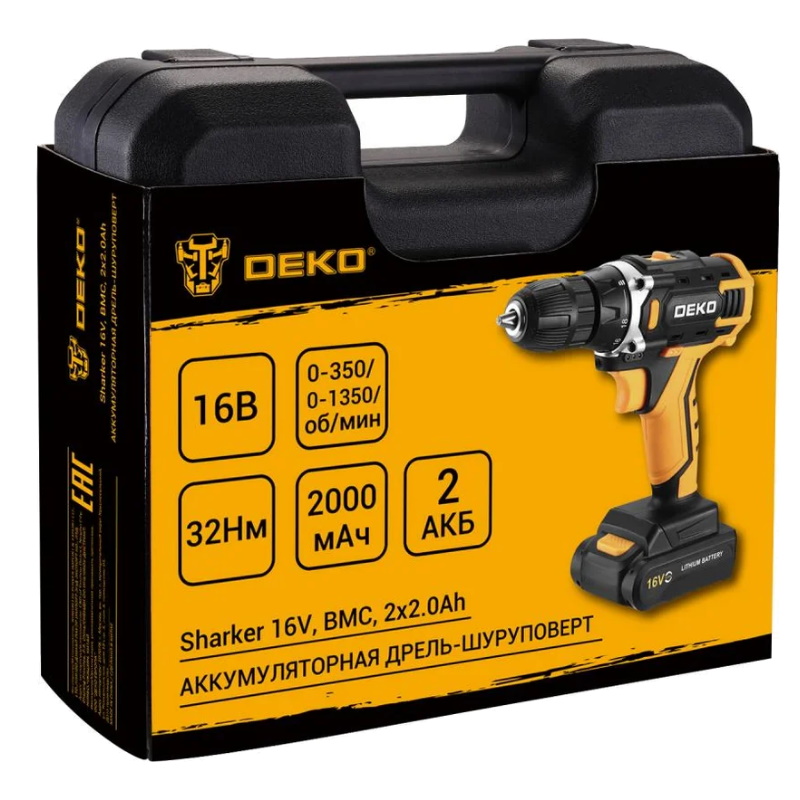 Аккумуляторная дрель-шуруповерт Deko Sharker 16V 083-1108, в кейсе, 2х2.0 Ач в Угличе