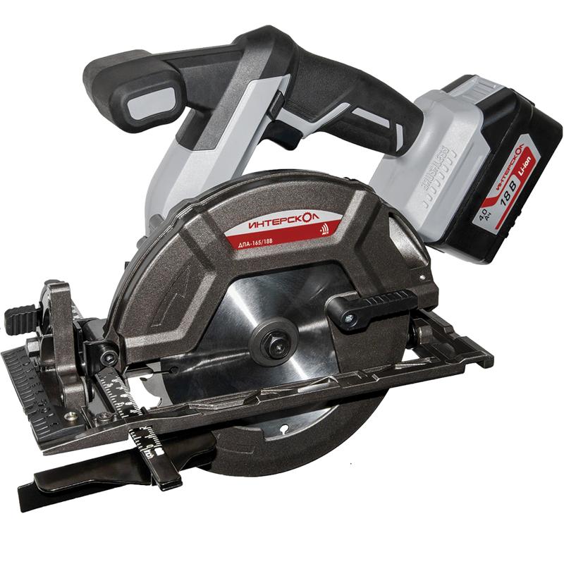 Аккумуляторная дисковая пила Интерскол ДПА-165/18В (напряжение 18 V, макс глубина пропила под углом 41-57 мм)