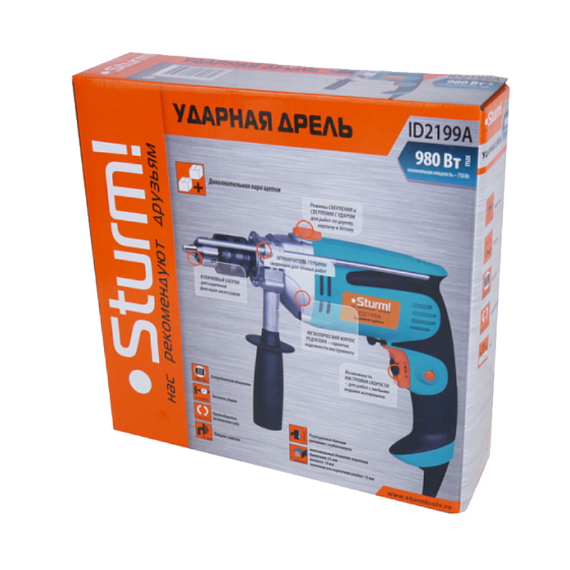 Дрель ударная Sturm ID2199A 980Вт 0-2800обмин 0-42000 удмин металлический корпус редуктора