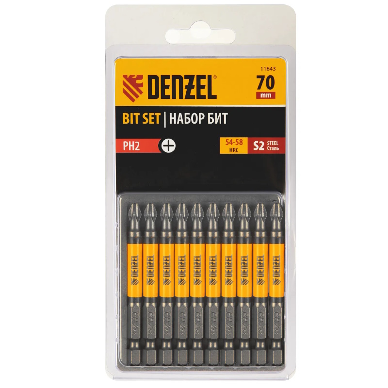 Набор бит Denzel 11643, PH2х70, сталь S2, круглый профиль, 10 шт.