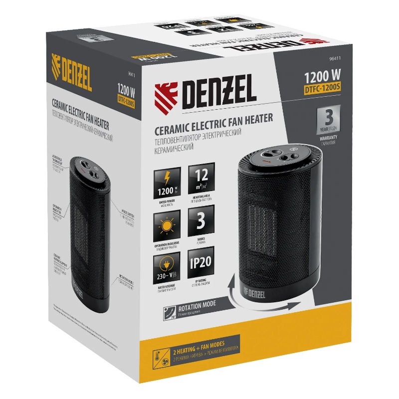Электрический тепловентилятор для дома Denzel DTFC-1200S 96411 (керамический, с положением переключателя холод/тепло) в Костроме