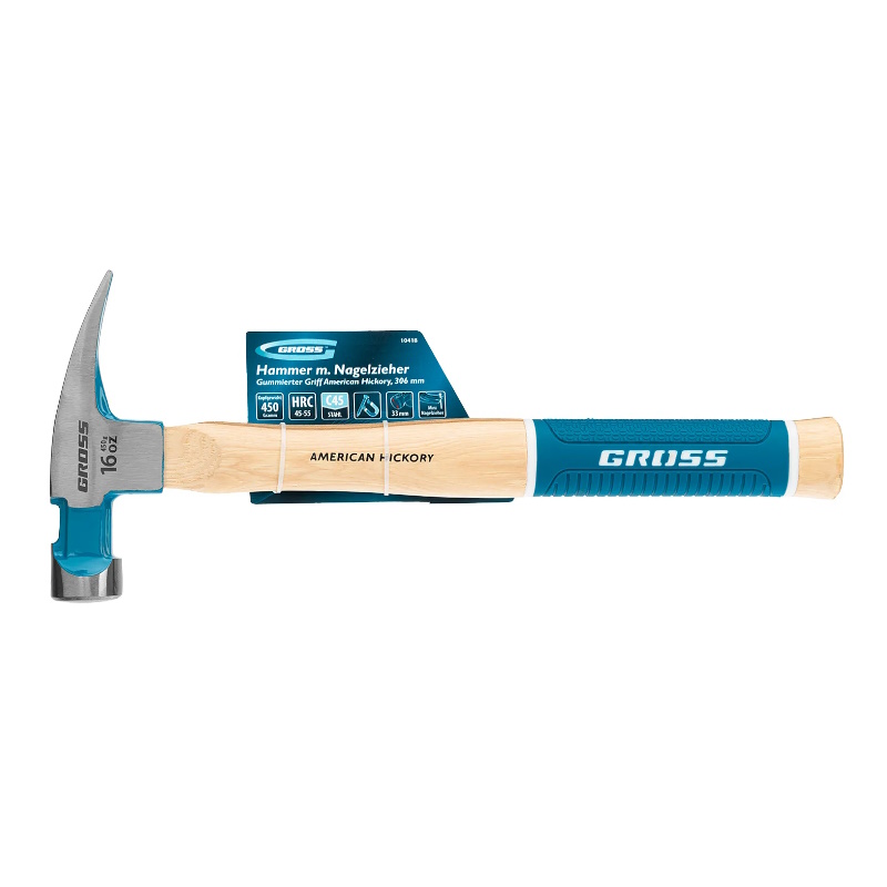 Молоток-гвоздодер Gross AMERICAN HICKORY 10418, 450 г, угол 75, магнит, обрезиненная рукоятка