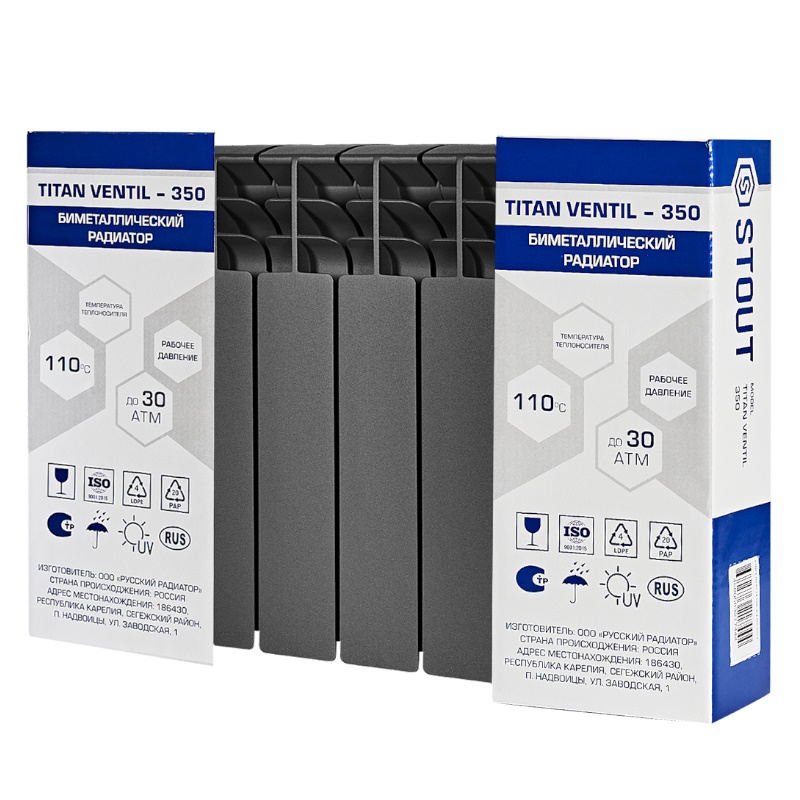 Радиатор Stout TITAN VENTIL 350 SRB-3320-035008 7024, 8 секций, биметаллический, нижнее правое подключение, графит RAL 7024 в Муроме
