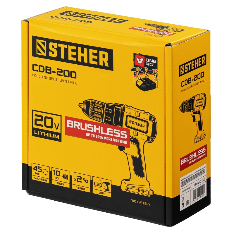 Дрель-шуруповерт бесщеточная Steher CDB-200 V1, 20 В, 45 Нм, без АКБ