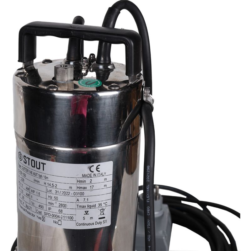 Насос дренажный с режущим механизмом Stout SPD-0004-211100 с поплавком Q=150 л/мин, H= 17 м в Кинешме